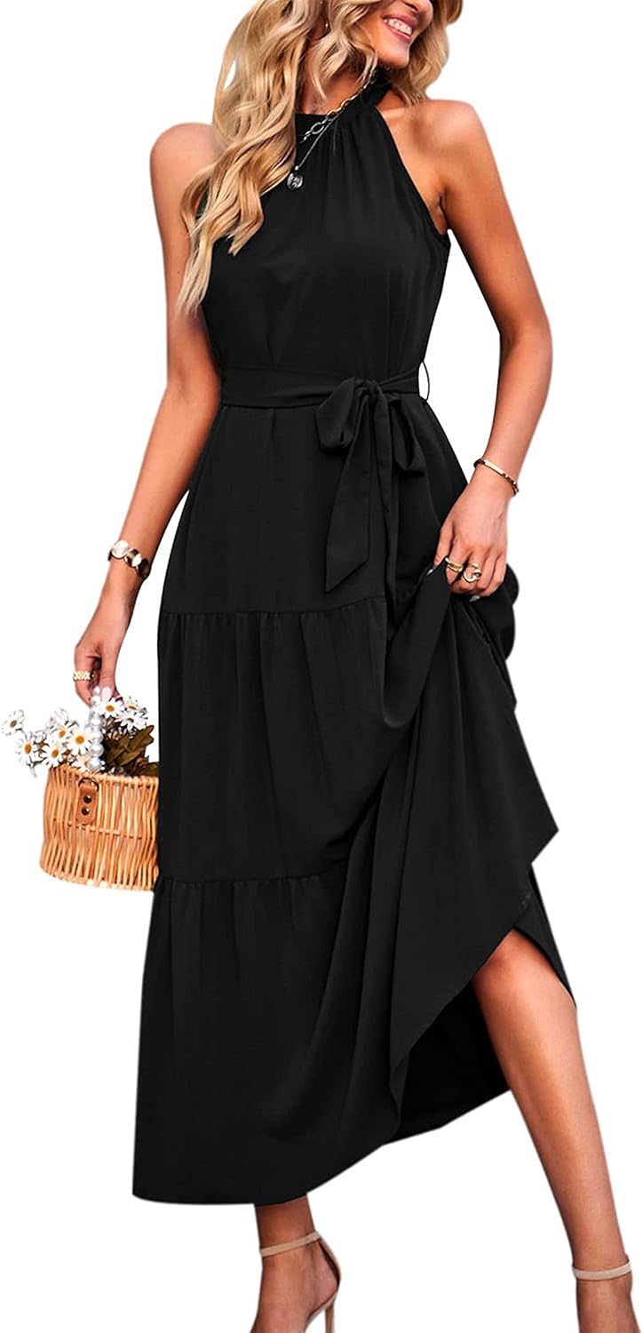 Detalle de PRETTYGARDEN Women's Summer Floral Maxi Sun Dress - Halter Neck, Belted Boho Sleeveless