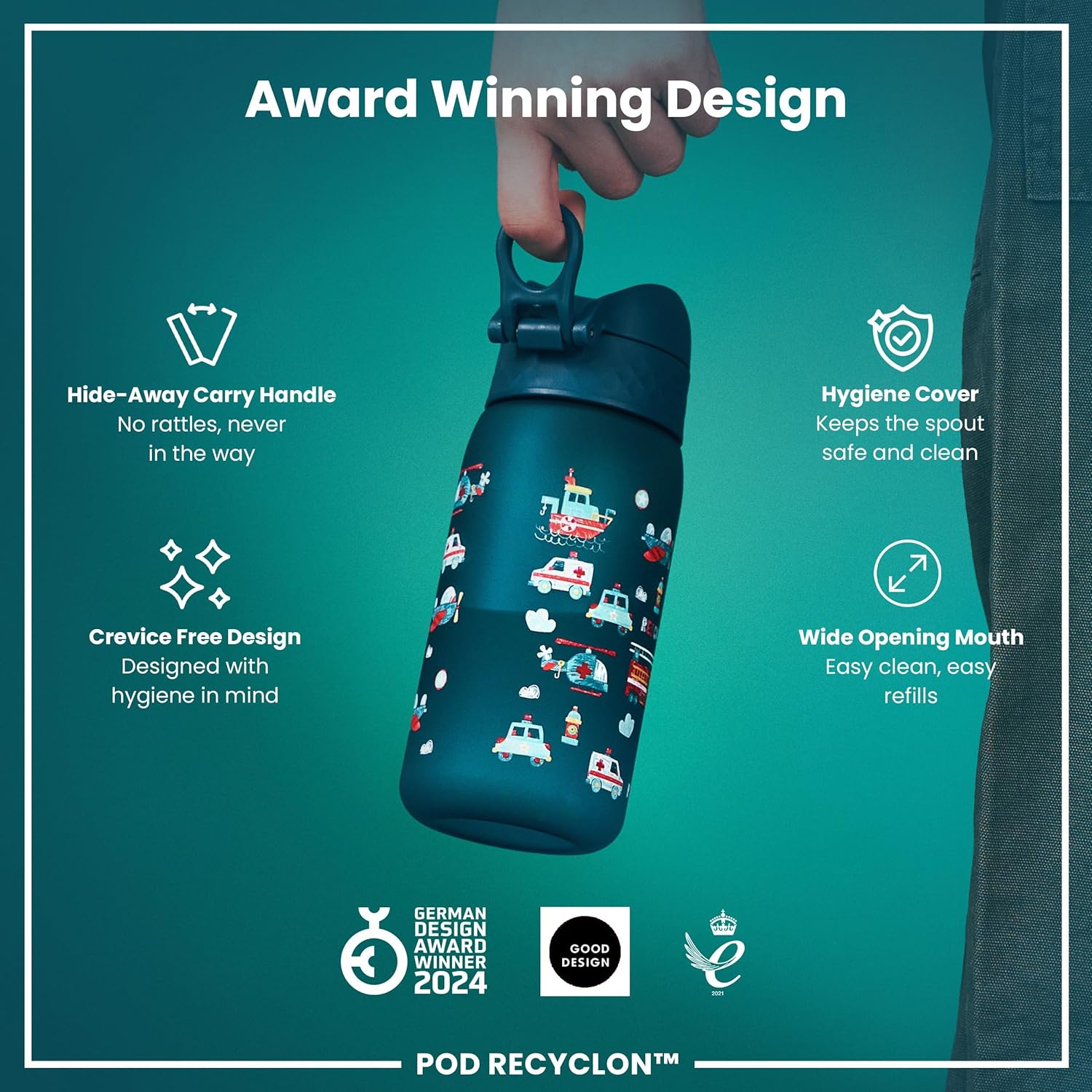 Detalle de Ion8 Small Water Bottle, Teal – Leak-Proof Kids’ Bottle with Flip Cover & Dishwasher Safe Design