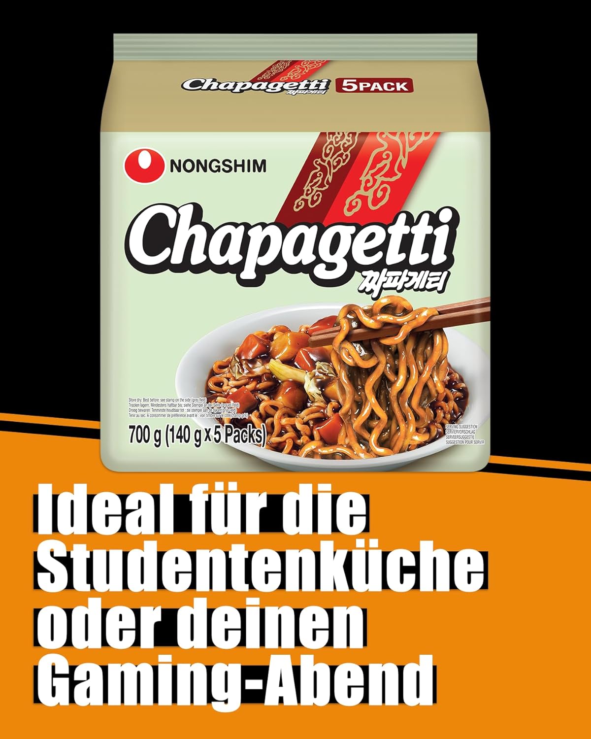 Detalle de Nong Shim Instantnudeln Chapaghetti – traditionelles koreanisches Nudelgericht (5 x 140 g) 1er Multipack