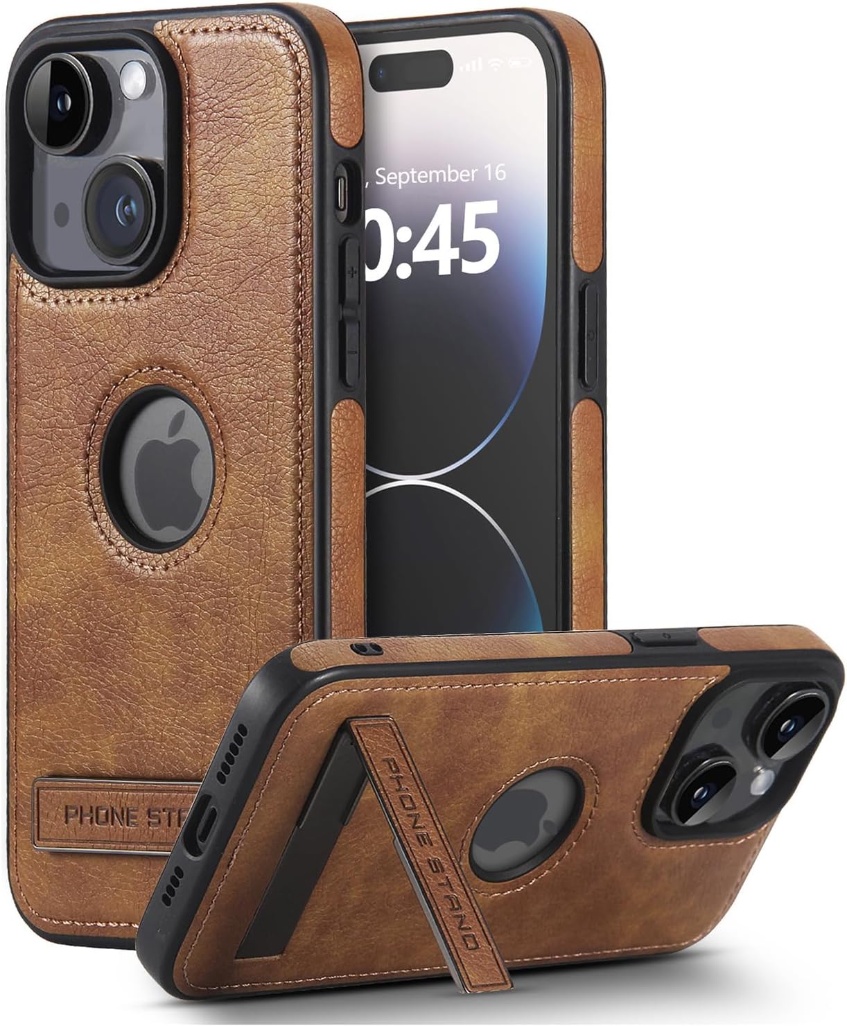 KSELF Leather Case for iPhone 15 (6.1-inch) — Thin, Flexible Soft-Grip Brown Cover with Metal Kickstand