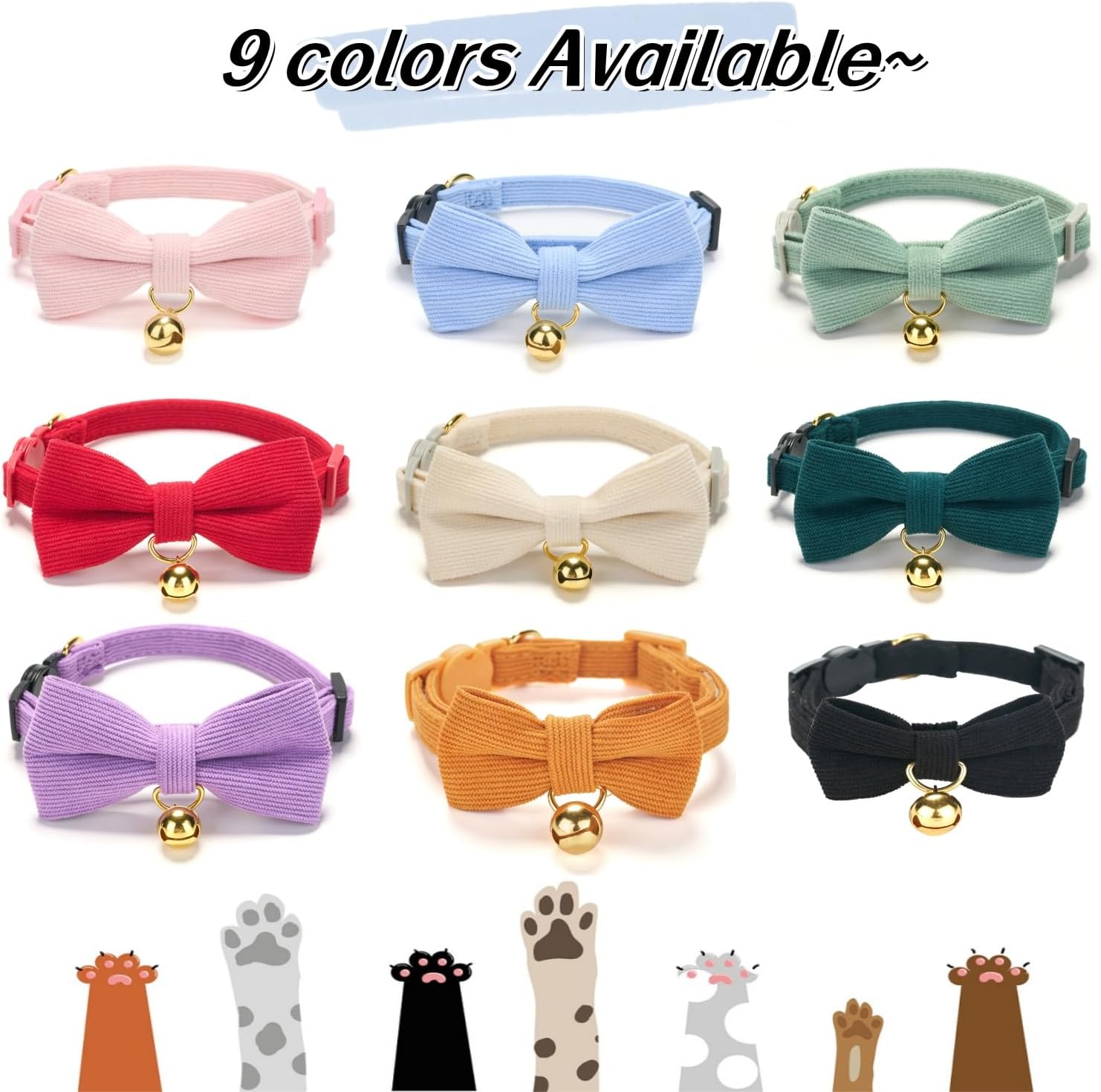 Detalle de Cute Cat Collars With Bow – Quick Release Safety Buckle, Bells, Corduroy Comfort (Black / Red or Green options) — Pack of 1
