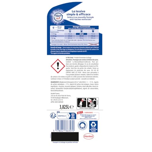 Detalle de X-TRA Total Lessive Liquide Tout en 1 – Efficacité anti-taches renforcée, cycle court, Éclat et Fraîcheur (85 lavages)