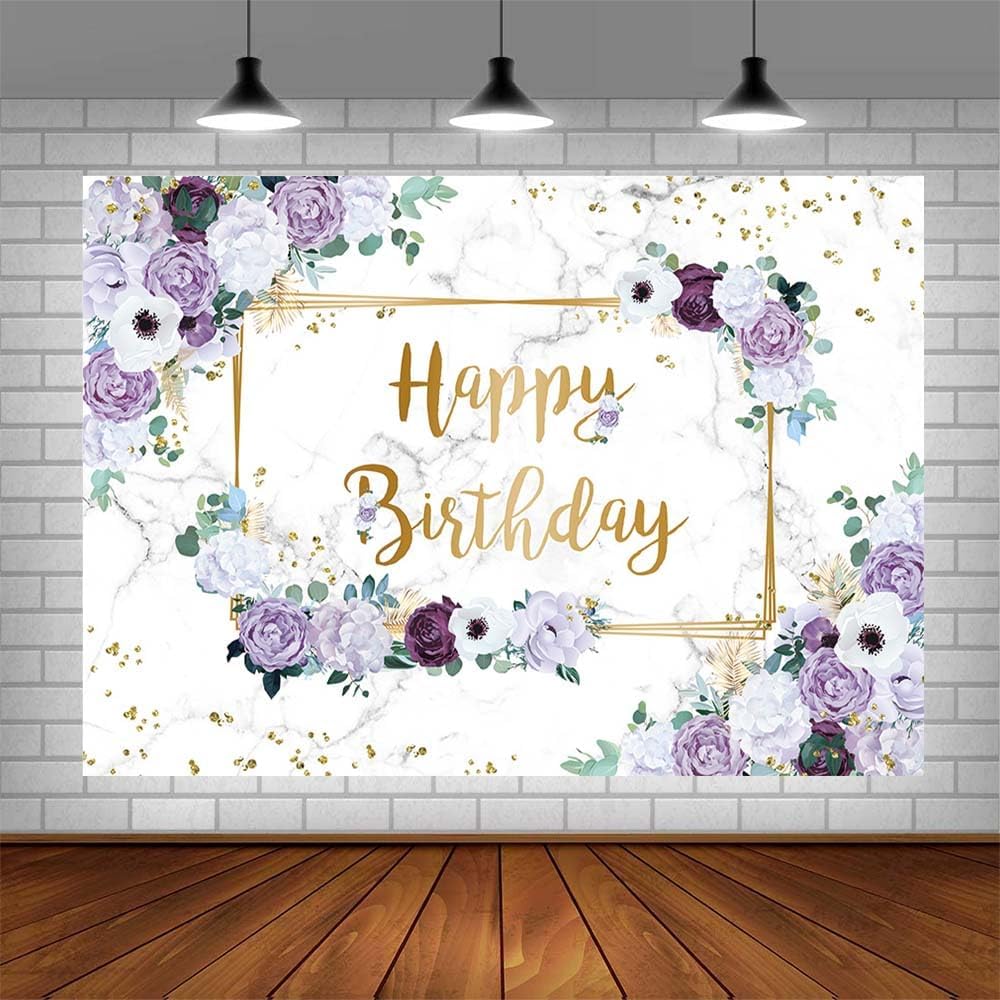 Thumbnail 4 de AIBIIN Happy Birthday purple & white floral backdrop (7x5ft) for cake smash photography
