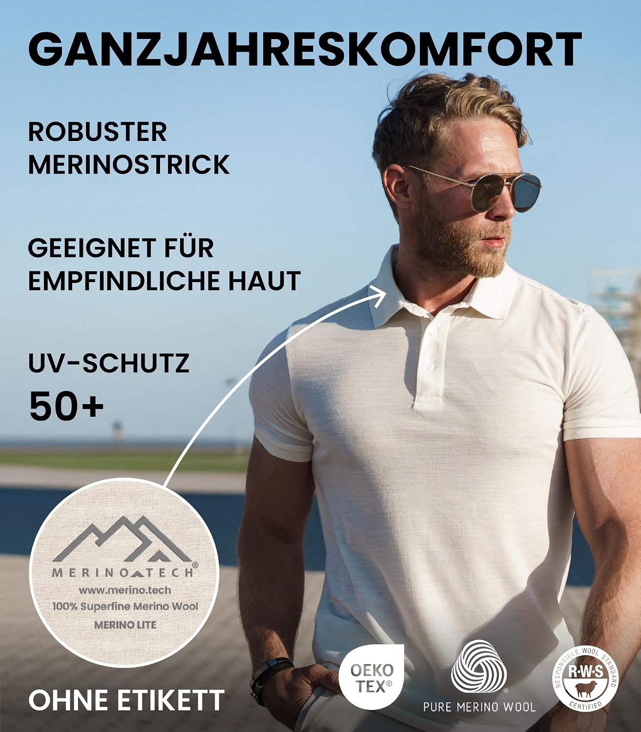 Detalle de Merino Poloshirt Herren Kurzarm Langarm