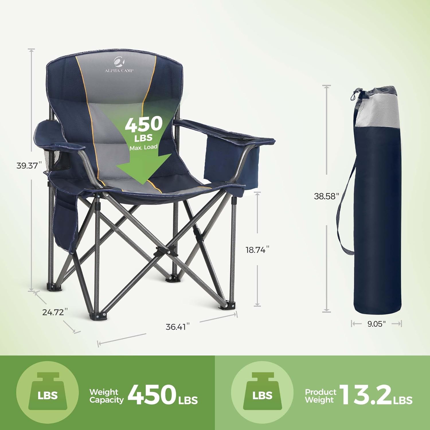 Thumbnail 2 de LET'S CAMP Folding Camping Chair Oversized 450 LBS Capacity (2-Pack) with Cup Holder, Storage & Cooler Bag