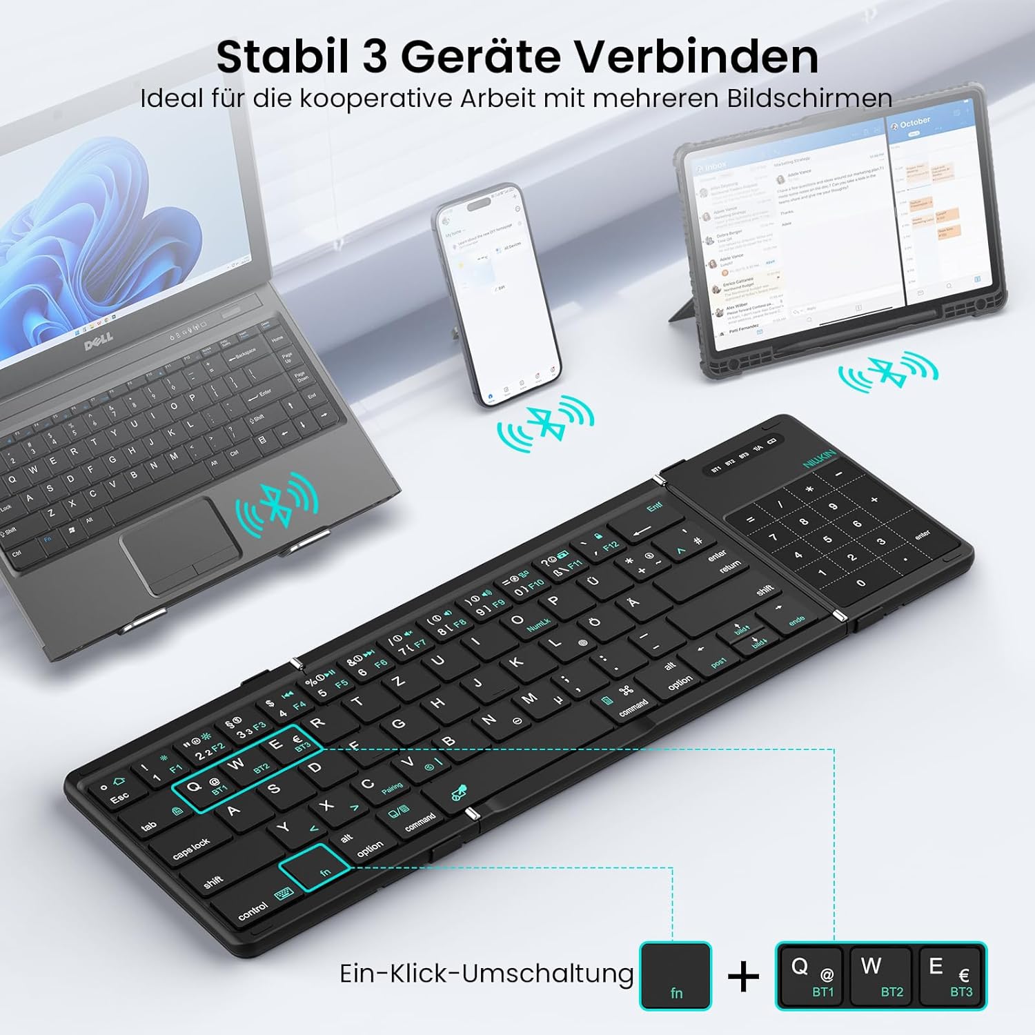 Thumbnail 1 de Nillkin faltbare Bluetooth-Tastatur mit Touchpad (QWERTZ, wiederaufladbar) – Mini-Klapptastatur für iPad/iOS, Android und Windows-Laptop