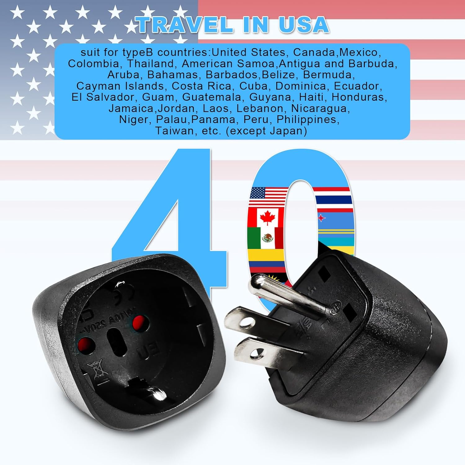 Thumbnail 3 de vutizal Reiseadapter (2er-Set) Typ B für USA – EU-Stecker zu 110–120V, 2500 Watt, Schwarz