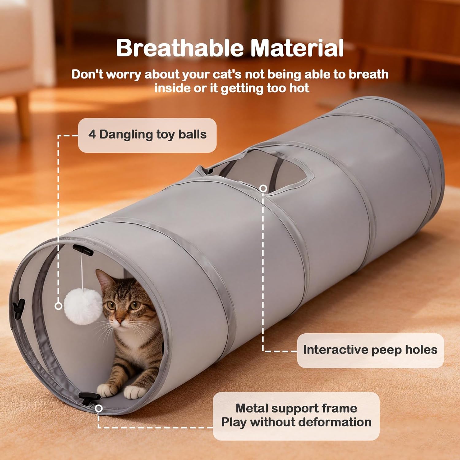 Thumbnail 4 de Odoland Large Cat Play Tunnels (3 Straight Tunnel DIY, Foldable, 90cm) – Grey