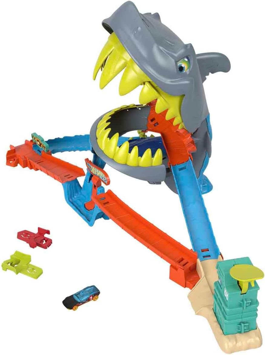 Detalle de Hot Wheels City Shark Chomp Beach playset (JHL96) track set with 1:64 die-cast car