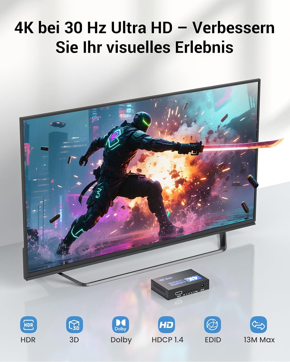 Detalle de 4K HDMI Splitter 1×4 (1 In 4 Out) mit EDID, HDCP, HDR, 3D – Duplikator für PC, Laptop, TV & Projektor