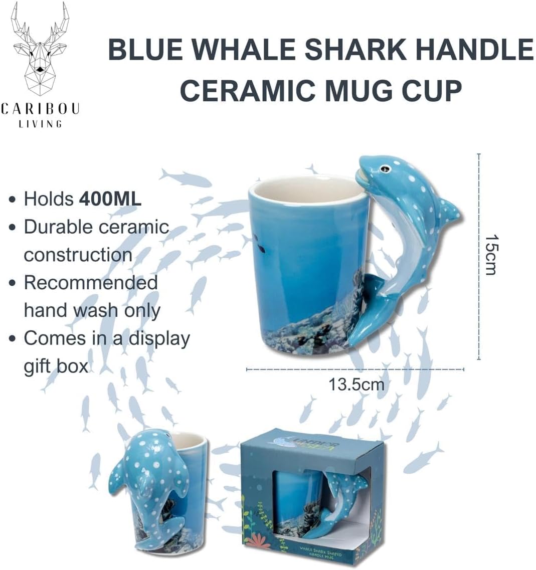 Thumbnail 1 de Caribou Living Blue Whale Shark Handle Mug 400ml – Novelty Ceramic Cup for Hot Drinks