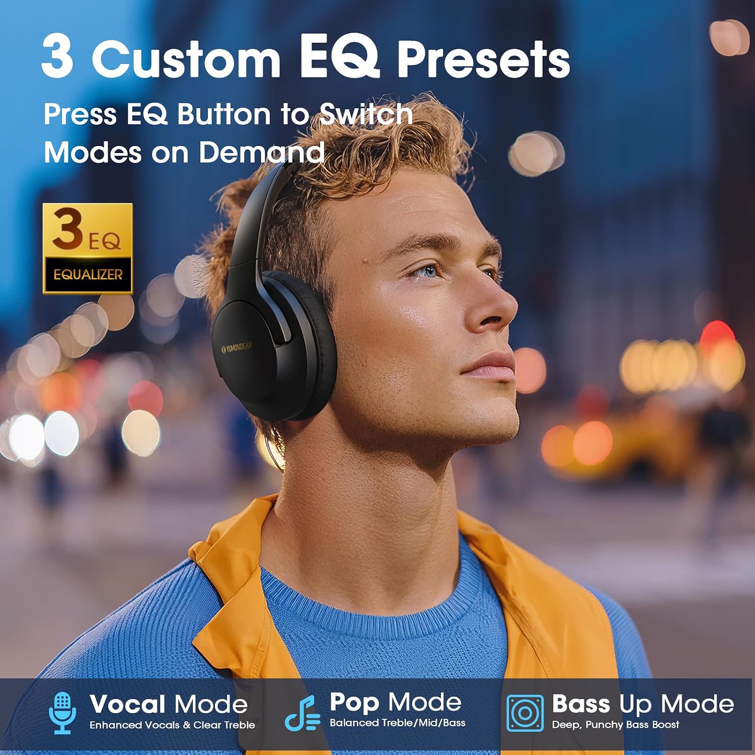 Detalle de YUMONDEAR Bluetooth Over-Ear Headphones: 80-Hour Battery, 3 EQ Modes, ENC Mic, Foldable & Portable