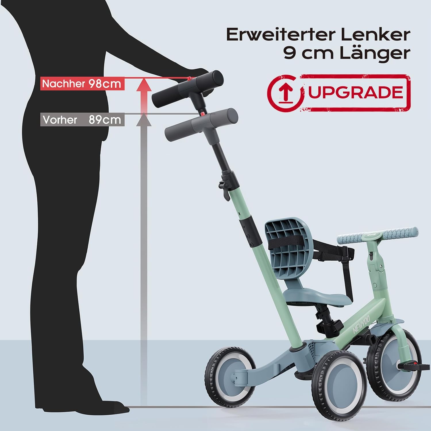 Detalle 2 de Newyoo 5-in-1 Dreirad: Laufrad ab 1 Jahr mit verstellbarem Lenker und Sitz – Grün