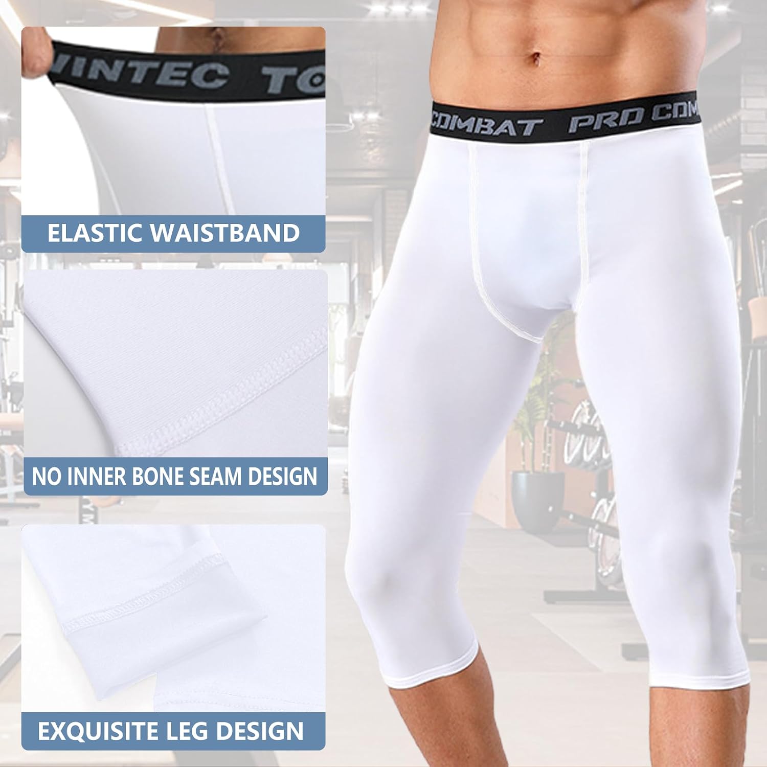 Detalle de HULG Kompressionshose Herren – 3/4 Sport-Leggings mit atmungsaktivem Funktionsstoff