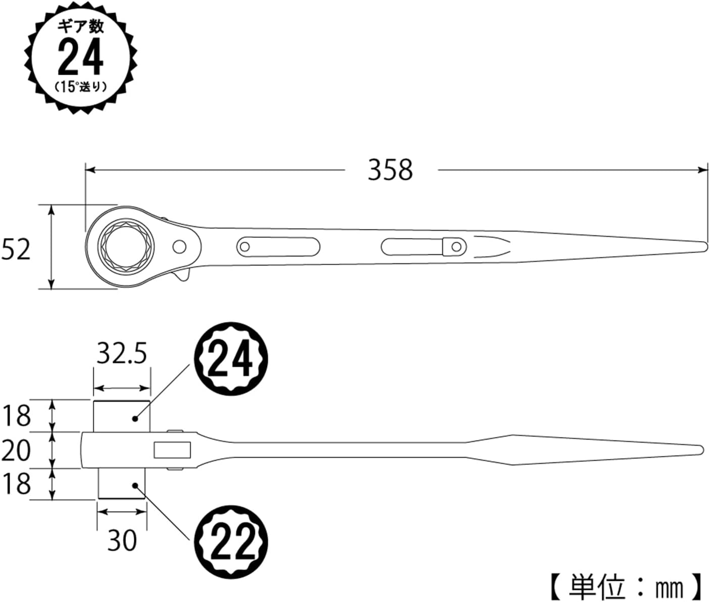 Detalle 2 de トップ工業 RM-22×24 両口ラチェットレンチ シノ付・全長358mm