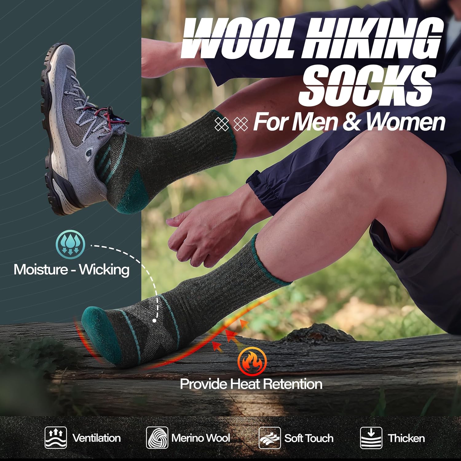 Detalle 2 de ANTSANG Merino Wool Hiking Socks, 5-Pair Crew Boot Socks with Targeted Cushion
