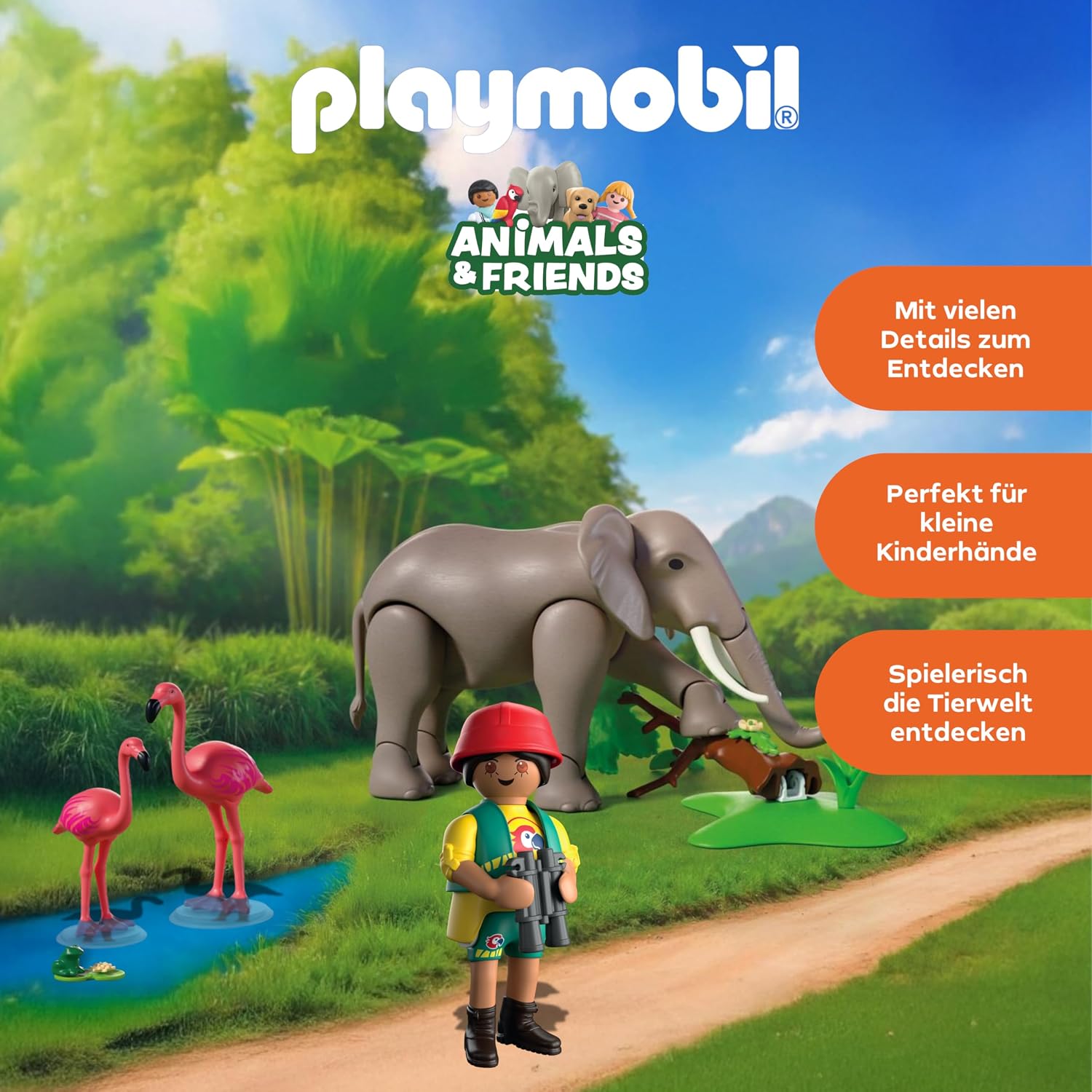 Detalle de PLAYMOBIL Animals & Friends: Elefant mit Tierpfleger – Zoo-Set mit 4 Tieren & Gehege-Zubehör (72068)