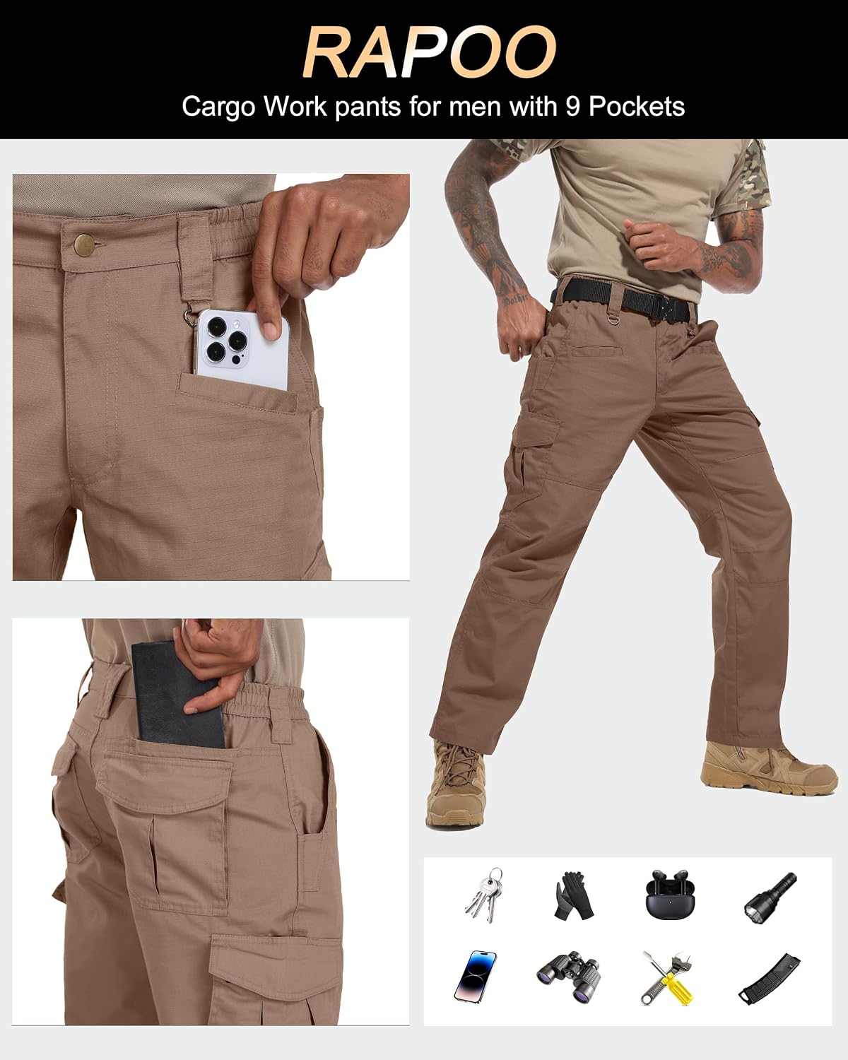 Detalle de Rapoo Ripstop Water-Resistant Cargo Tactical Pants for Men (9 Pockets)