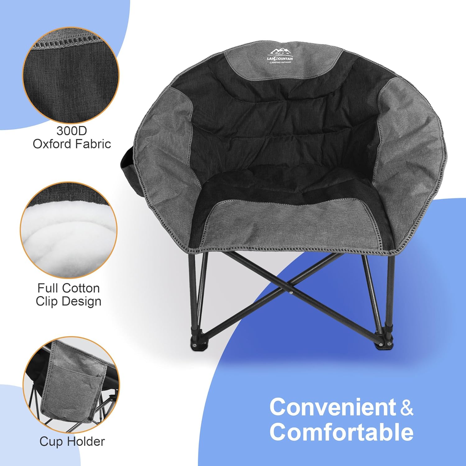 Thumbnail 2 de LANMOUNTAIN Moon Camping Chair – Portable Round Folding Chair with Cup Holder & Cooler Bag (Black)