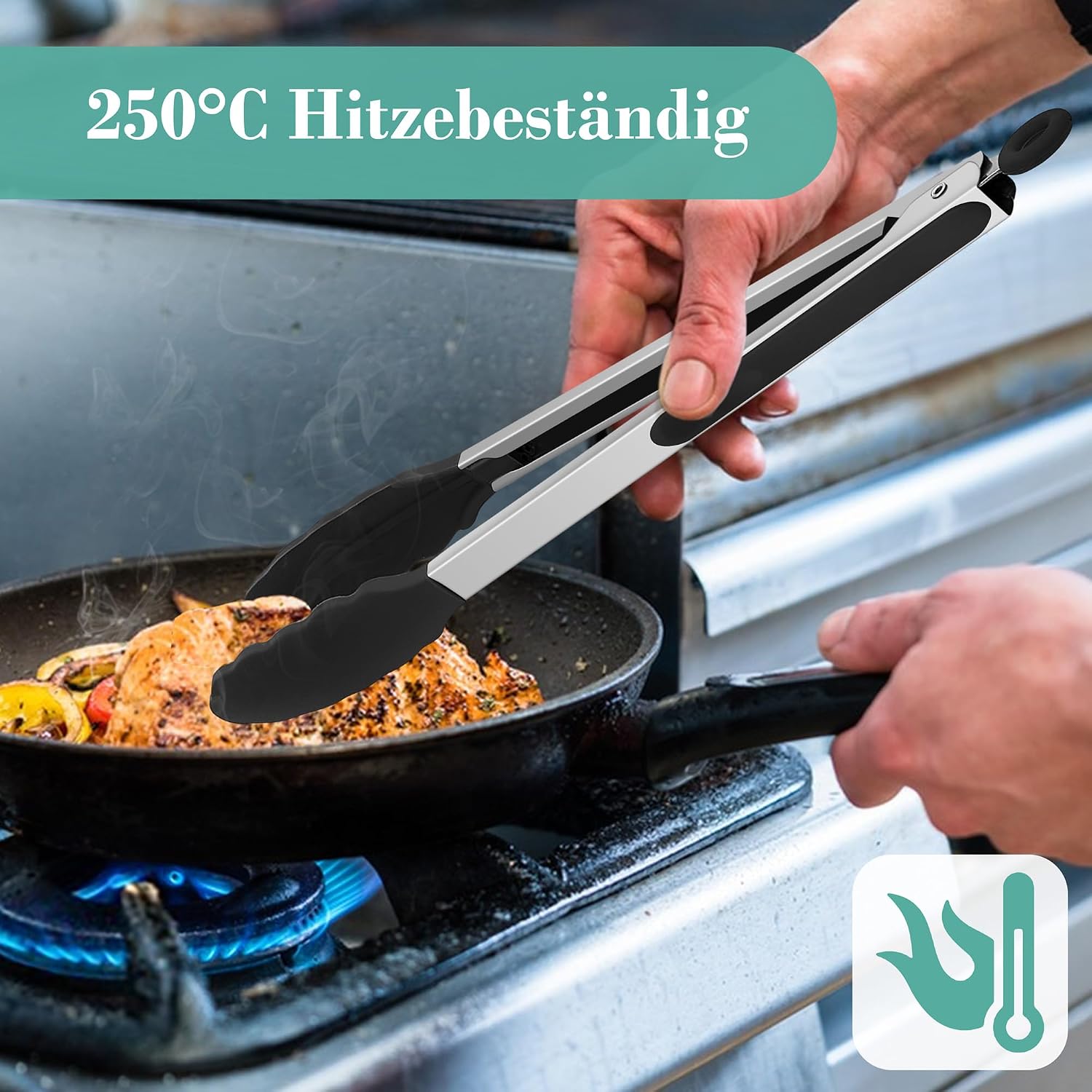 Detalle de HaWare Küchenzange – 2er Edelstahl-Set mit hitzebeständigem Silikongriff, Schwarz