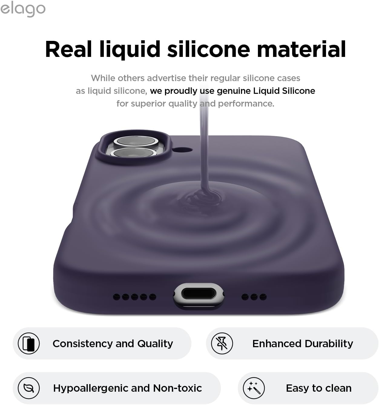 Detalle de elago Coque Silicone Liquide Premium iPhone 16 — Étui antichoc violet