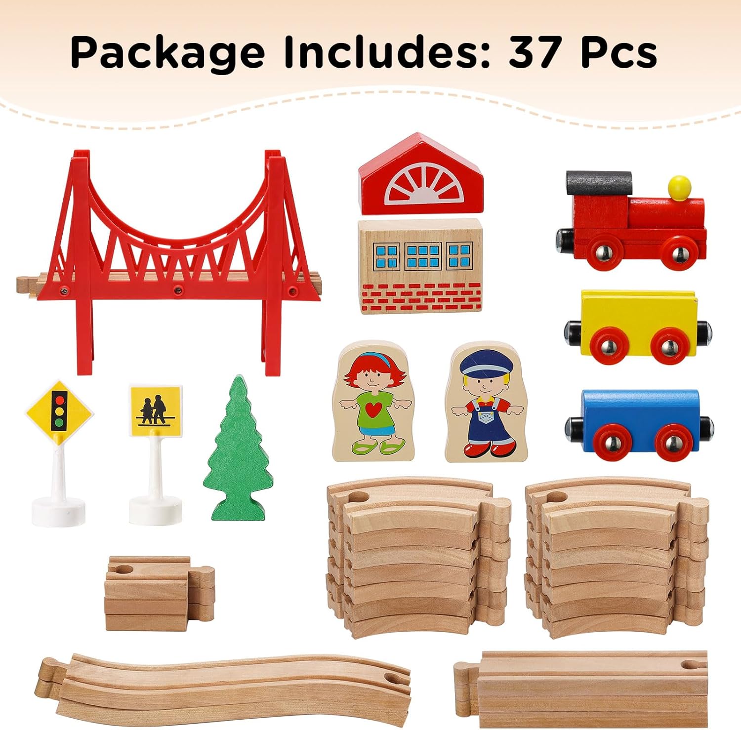 Detalle 2 de SainSmart Jr. ensemble de trains en bois pour tout-petits (37 pièces) – Rails double face extensibles compatibles Brio/Thomas/Melissa & Doug