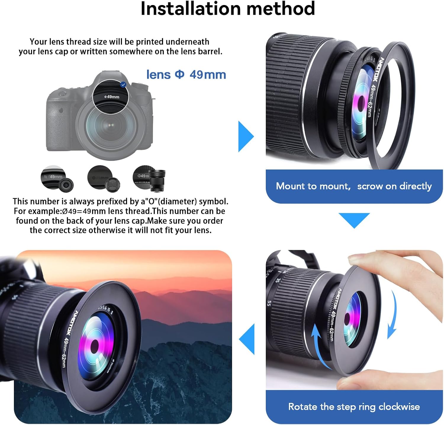 Detalle de Amotk 49mm to 62mm Lens Adapter Ring — Step-Up Accessory for 62mm Filters and More