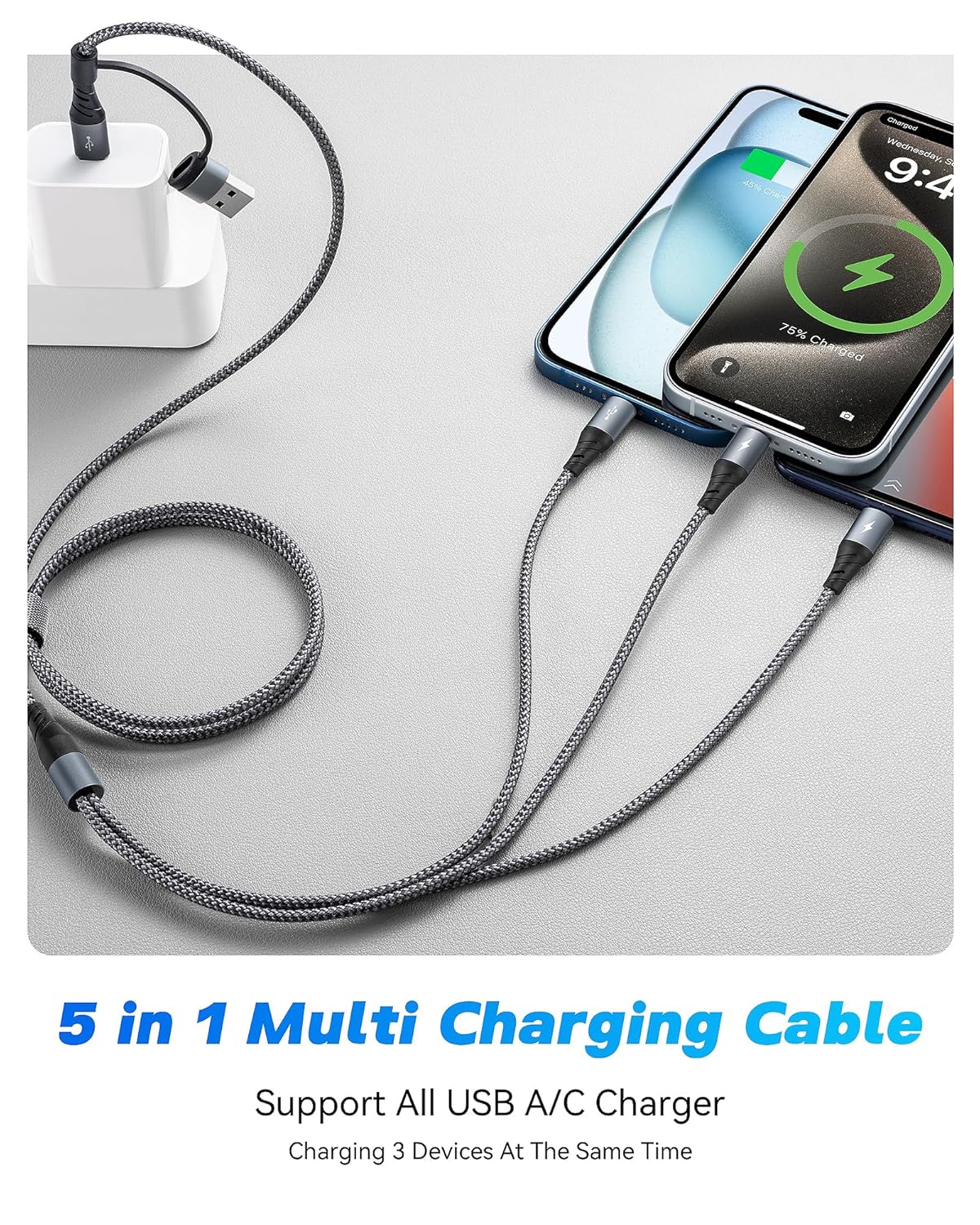 Detalle 2 de Miger 5 in 1 Multi-Ladekabel: 1,2 m, USB-A/USB-C, 6 Anschlusskombinationen, 3A Schnellladung