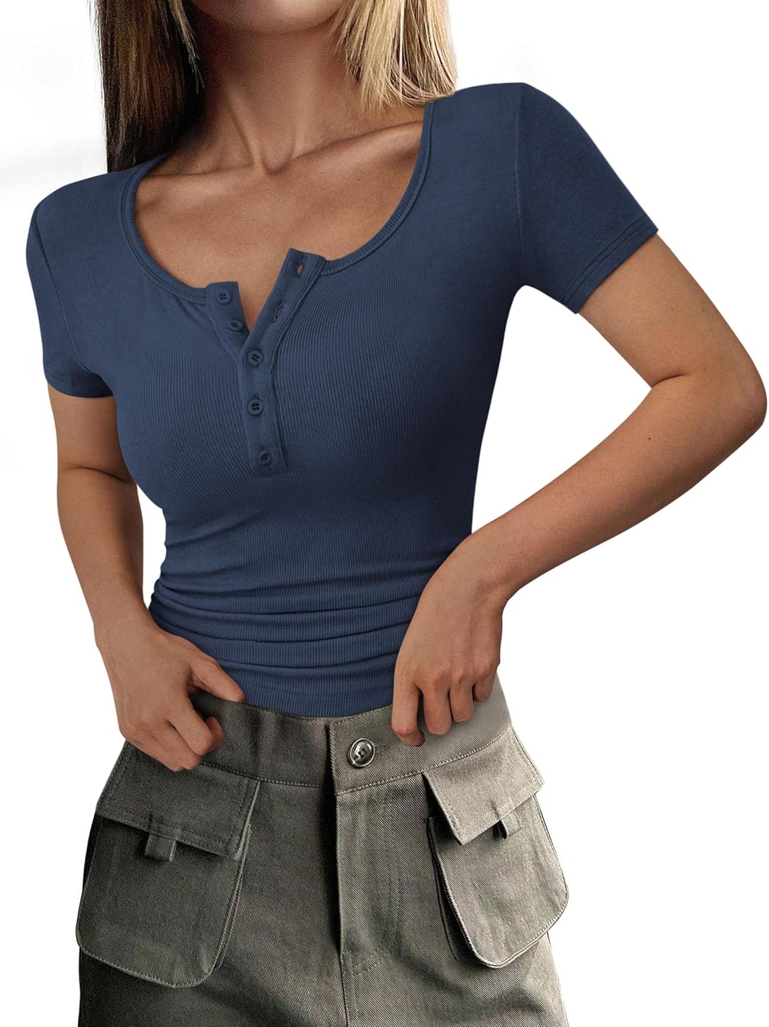 Detalle de PRETTYGARDEN Womens 2026 Summer Ribbed Henley Short Sleeve Top (Slim Fit, Button-Up)
