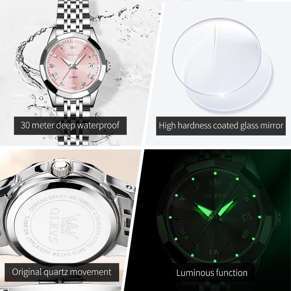 Detalle de OLEVS Damenuhr Quarz mit Diamant-Indexen, Edelstahlarmband, 30m Wasserdicht – Geschenkqualität