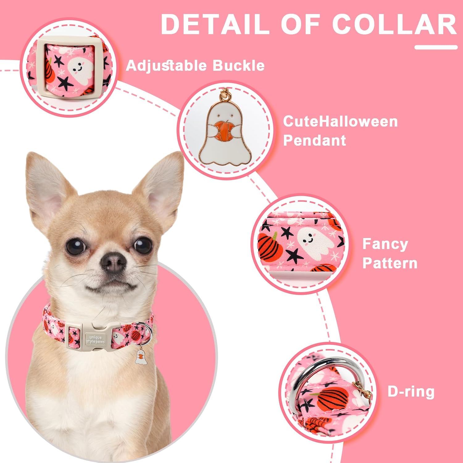 Thumbnail 2 de Unique Style Paws CC-PumpkinGhost-L Halloween Dog Collar, Cotton, Adjustable