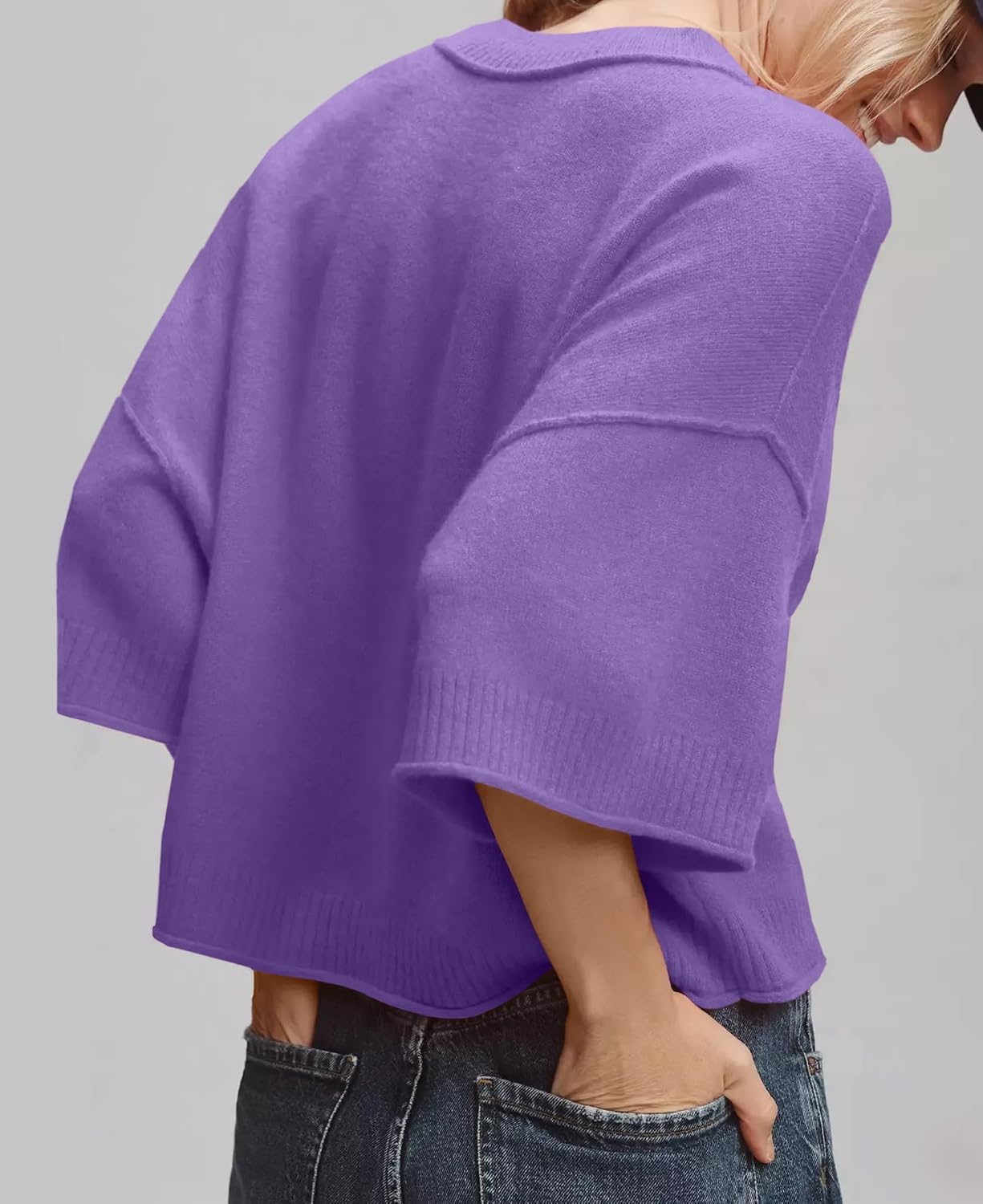 Detalle de Women's Cropped Knit Pullover Sweater, Crew Neck, Loose Fit, Ribbed Trim