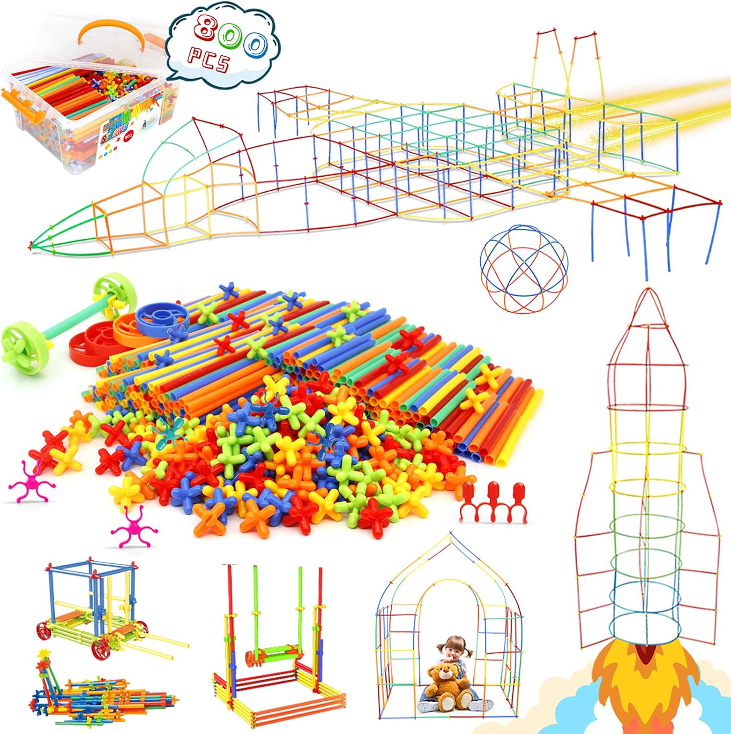 Thumbnail 6 de Ggiibro Straw Constructor Toys 600Pcs STEM Building Kit with Storage Box