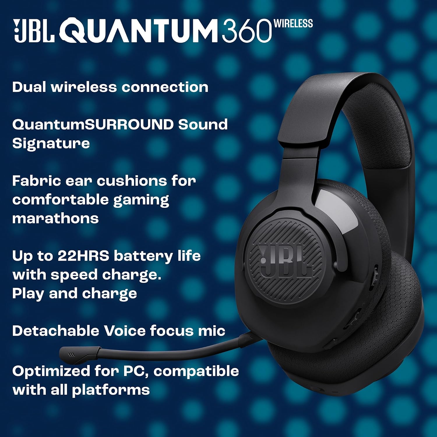 Detalle de JBL Quantum360 Kabelloses Over-Ear Gaming-Headset – 2,4 GHz/Bluetooth, 22h, Multi-Plattform-Kompatibilität, abnehmbares Mikrofon