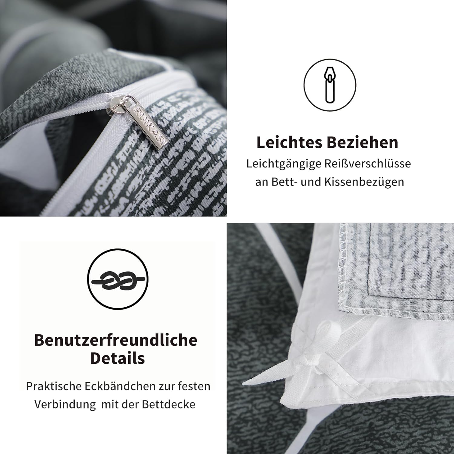 Thumbnail 6 de RUIKASI Bettwäsche 220x240 Baumwolle 3-teilig Anthrazit – Geometrie Muster, Wendefunktion