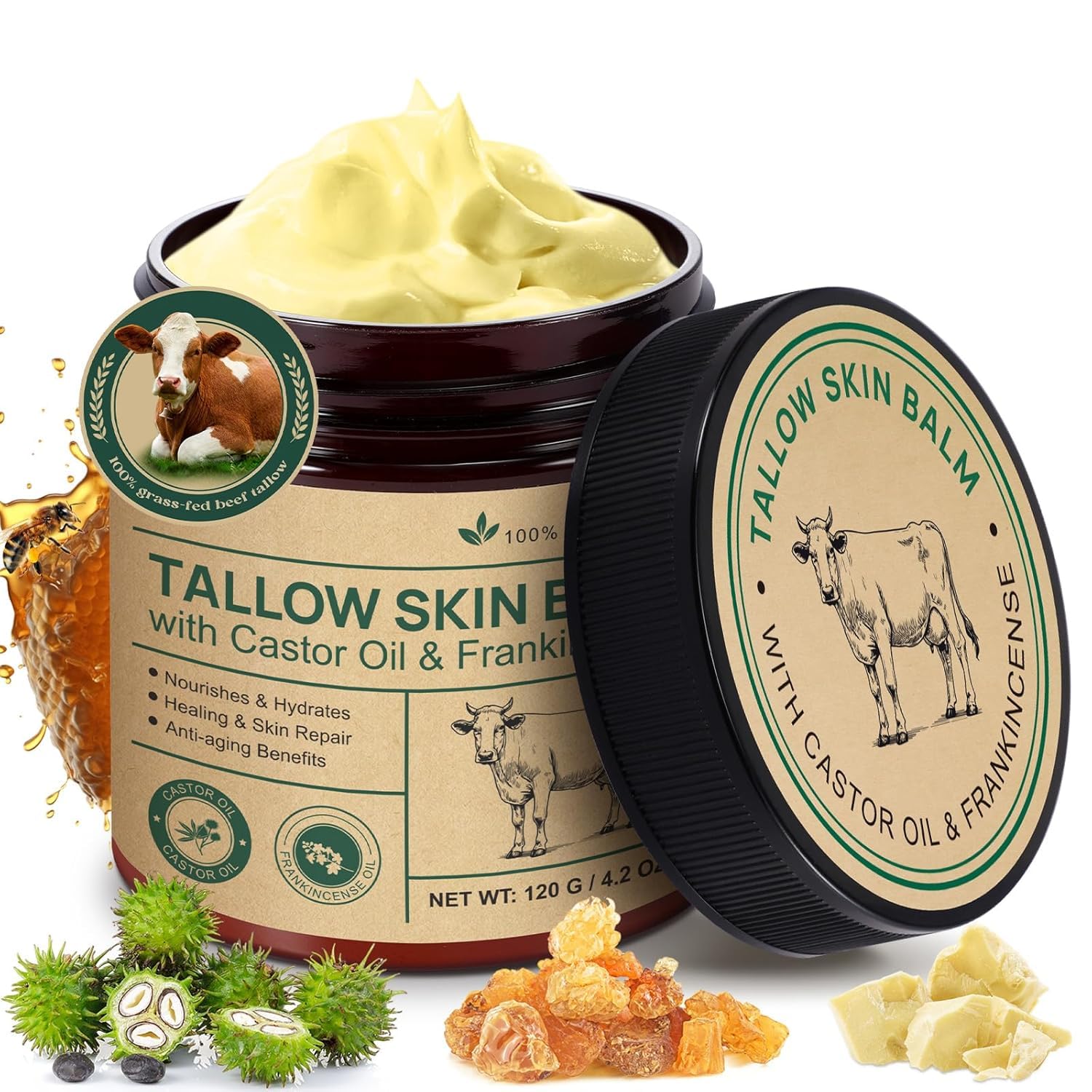 Detalle de Beef Tallow Cream – Hautpflege mit Rindertalg, Weihrauchöl und Bio-Rizinusöl (100% grasgefüttert)