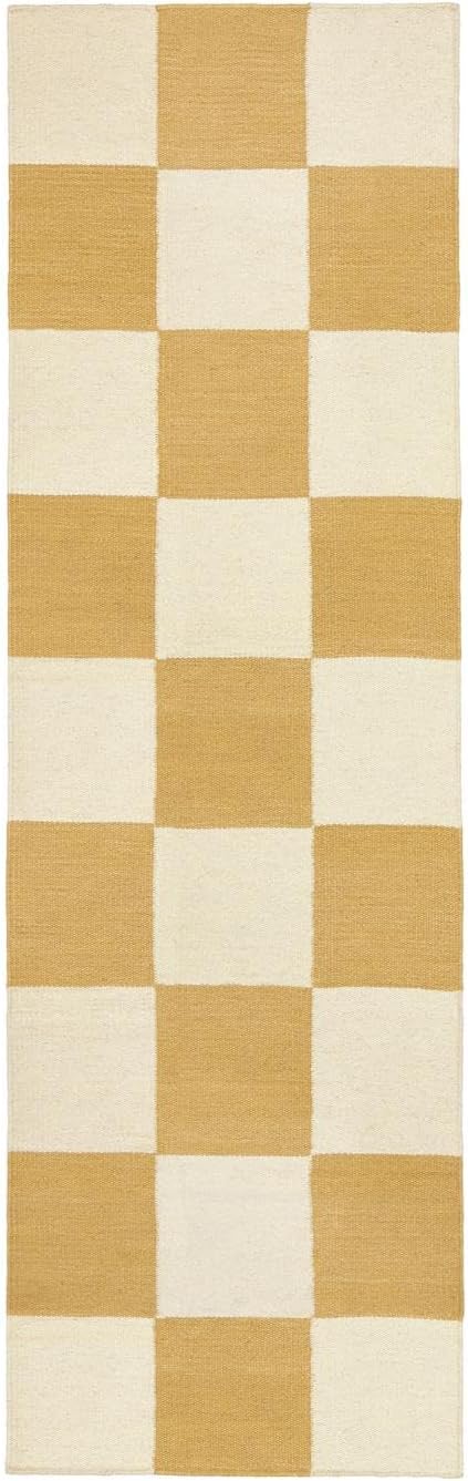 Detalle 2 de RugVista Classic Chess Runner Rug, 80 x 250 cm, Yellow Wool-Cotton, Oeko-Tex 100