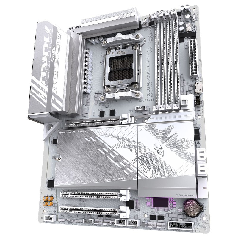 Detalle 2 de Gigabyte B850 AORUS ELITE WIFI7 ICE: placa base AMD AM5 orientada a juego y contenido