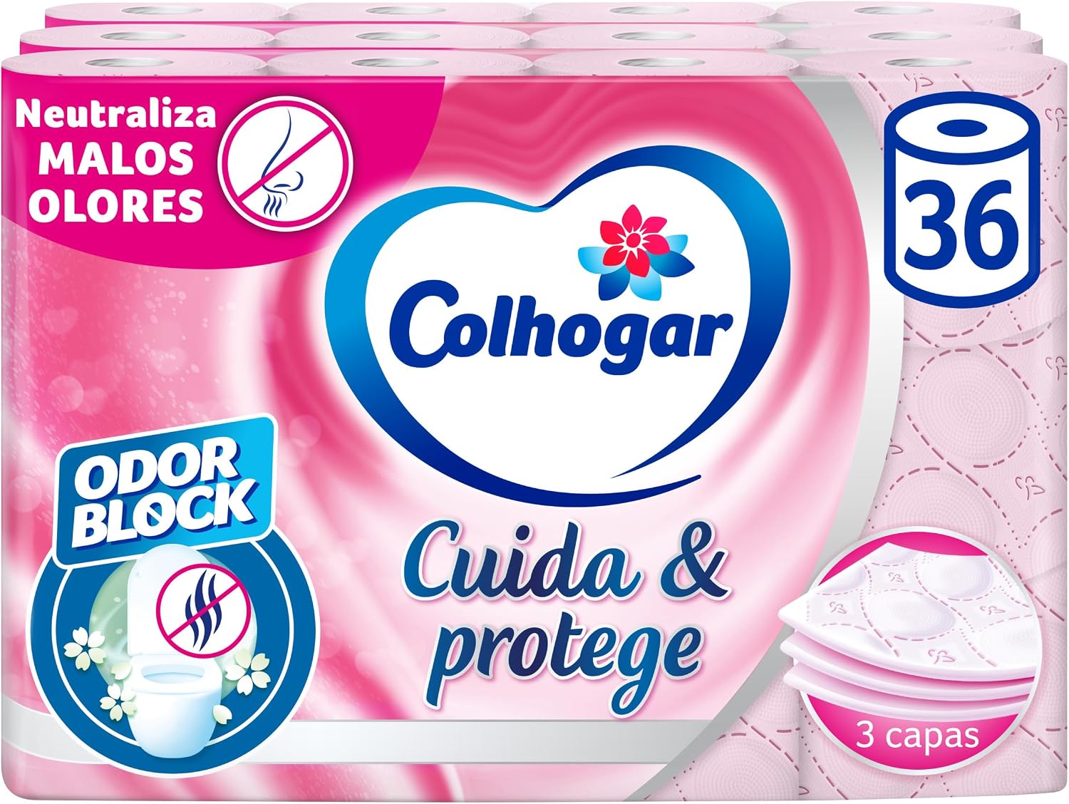 Detalle de Colhogar Care & Protégé – Lot de 36 rouleaux 3 couches, parfum frais et Odor Block (rose)