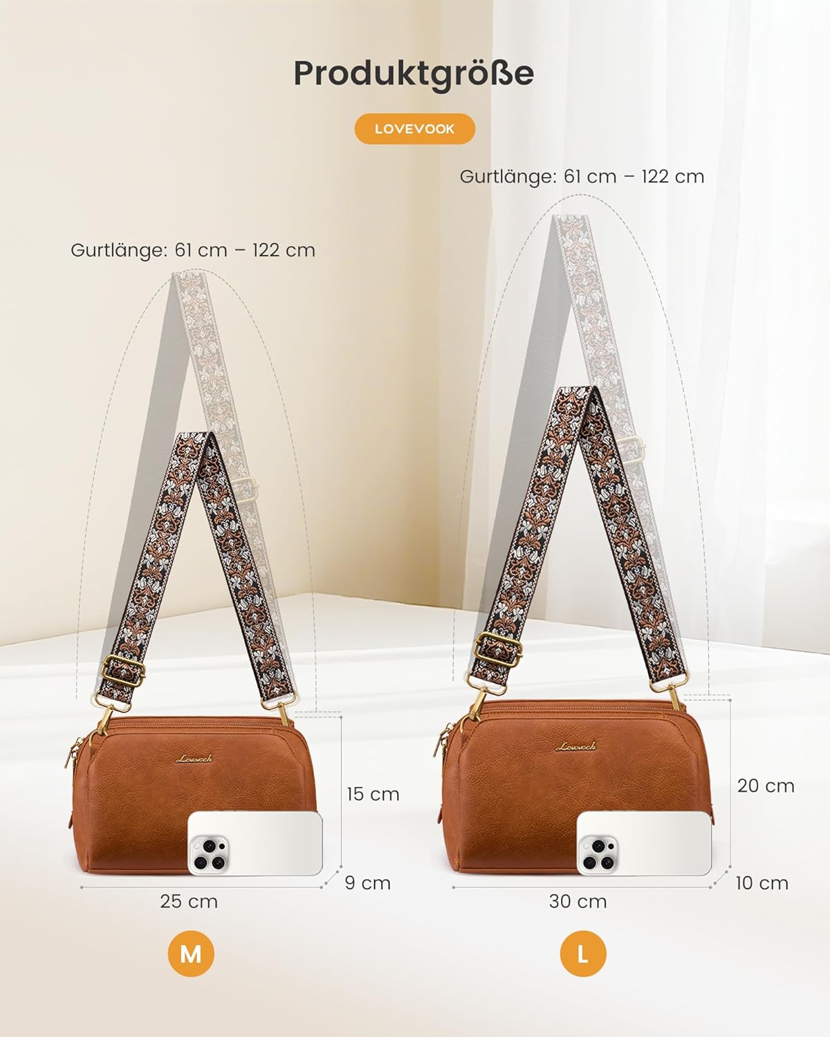 Thumbnail 5 de LOVEVOOK Umhängetasche Damen – kleine Crossbody Bag mit RFID-Schutz, 3 Fächer und 2 Wechselriemen (hellbraun)