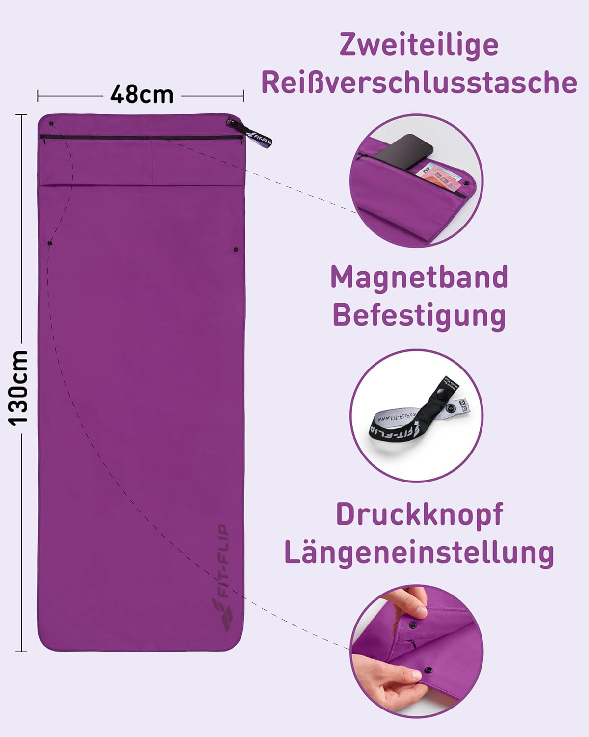 Thumbnail 3 de Fit-Flip Fitness Handtuch aus Mikrofaser – Magnetclip und Reißverschluss-Tasche
