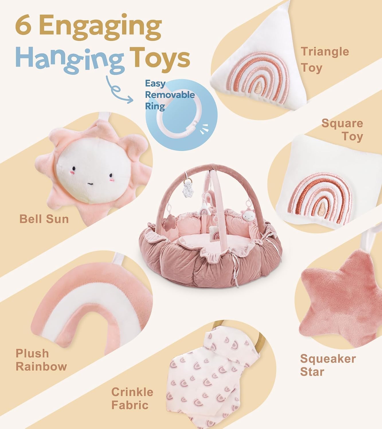 Detalle de Mallify 5-in-1 Baby Play Gym Mat with 6 Sensory Toys, Pink Plush Surface