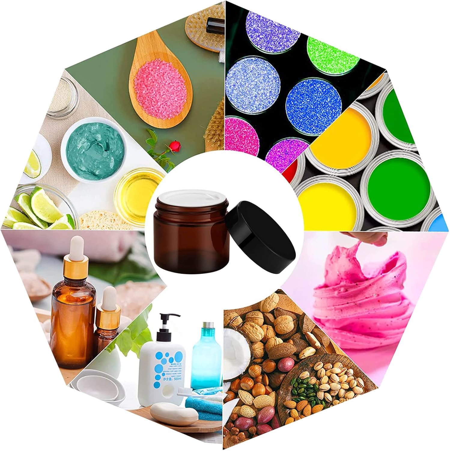 Detalle de Apstaqeoo 9Pcs Round Cosmetic Containers – 60ML Amber Jars with Lids, Spatulas & Labels