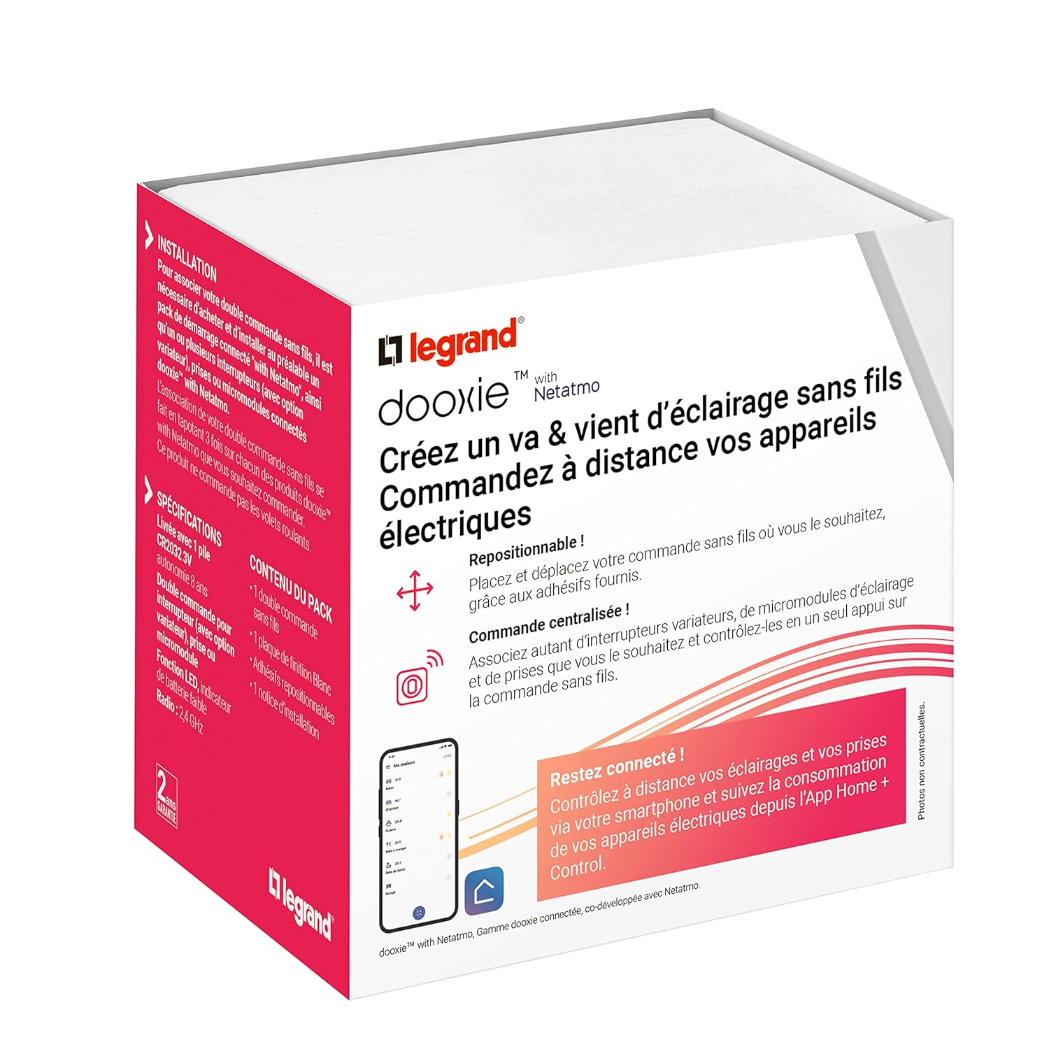 Thumbnail 5 de Legrand Dooxie with Netatmo — interrupteur double sans fil On/Off pour éclairage et prises connectées (blanc) 199239