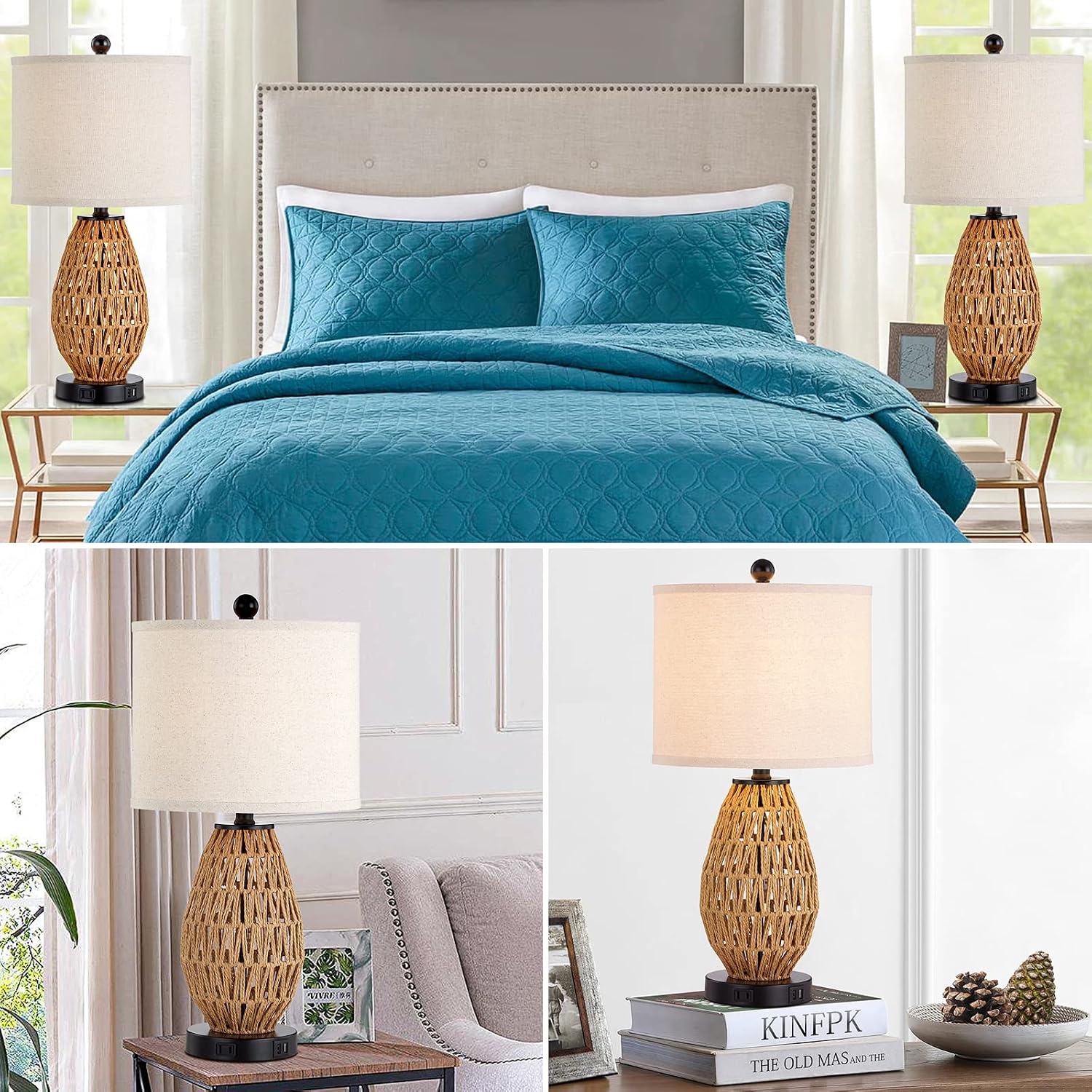 Detalle 1 de CINSARY KN-TL-2201 Rattan Table Lamps, 3-Way Touch Dimming, USB & AC Outlet