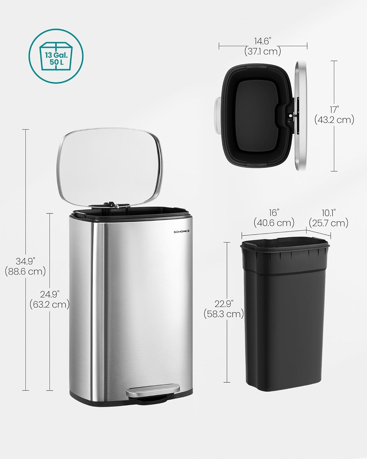 Thumbnail 5 de SONGMICS LTB050E01 50 L kitchen pedal bin with soft close lid and inner bucket