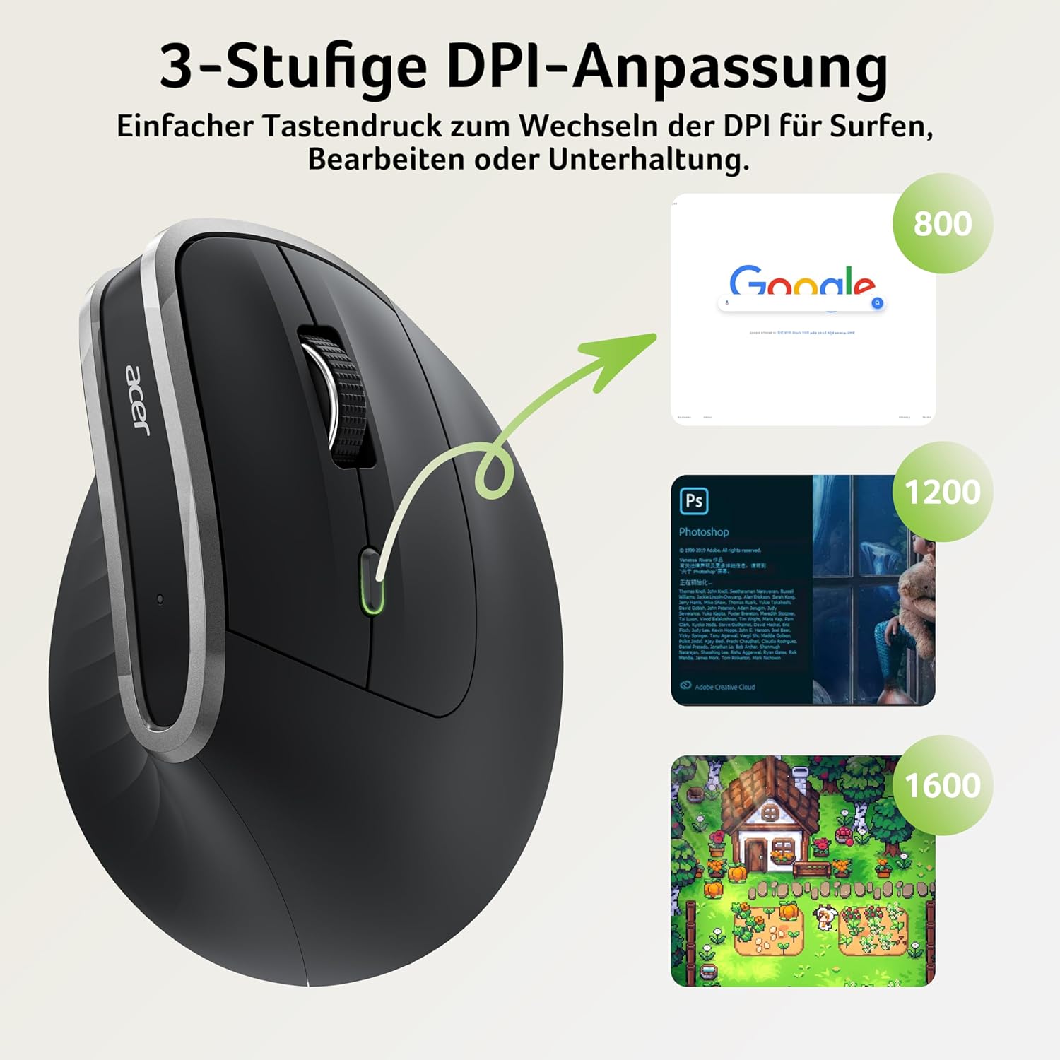 Thumbnail 5 de Acer 2.4G ergonomische vertikale optische Maus – kabellos, wiederaufladbar (bis 1.600 DPI) für PC & Laptops