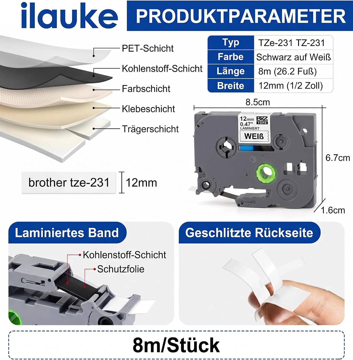 Detalle de 4er-Set kompatibles Brother TZe-231 Etikettenband (12 mm, weiß) – wasser- und ölbeständig für P-touch