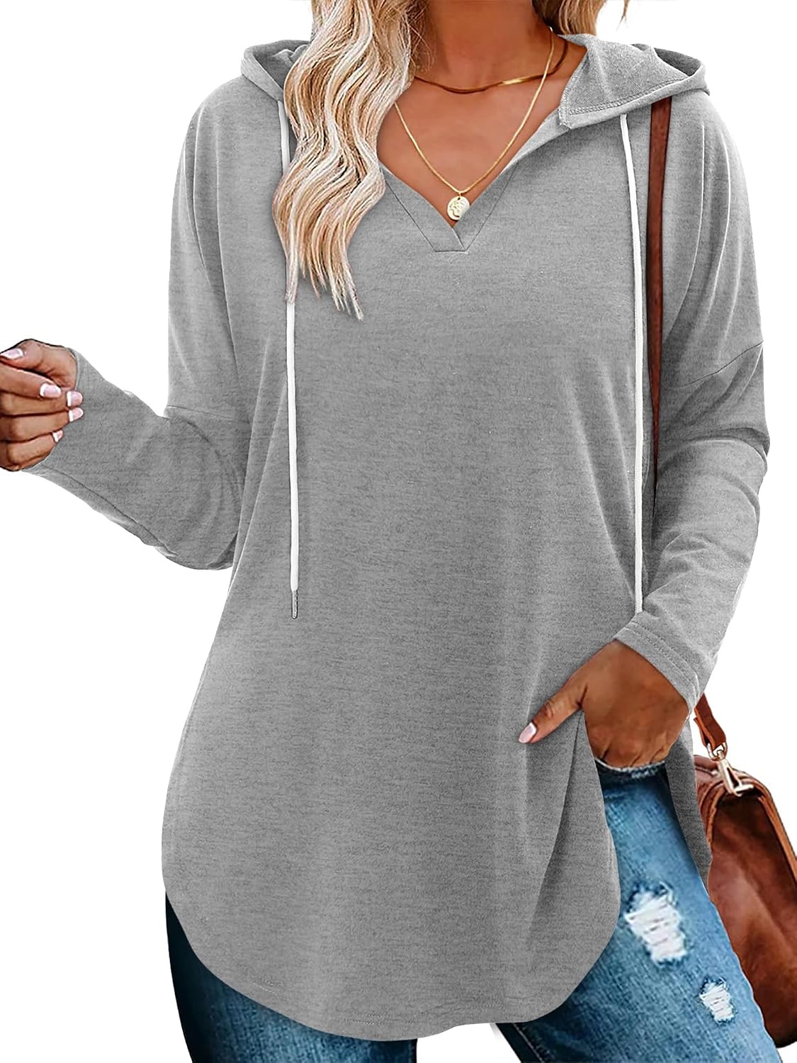 Detalle de CHICZONE Ladies Fashion Tops Hoodies – Oversized V-neck pullover sweatshirt with drawstring hood