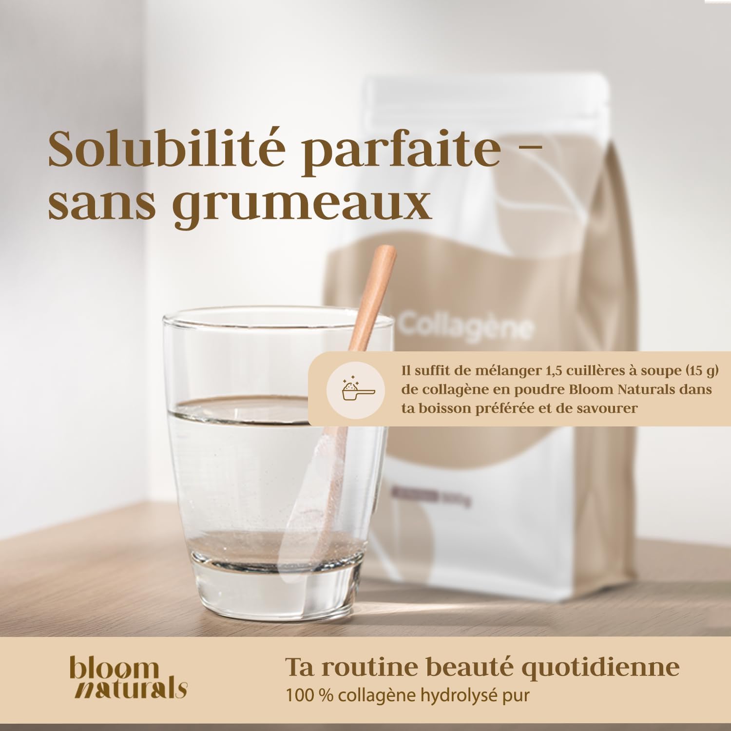 Detalle de Bloom Naturals Beauty Supplements Collagène en poudre 500 g (15 g par portion) – 100% collagène hydrolysé, goût neutre – 33 portions